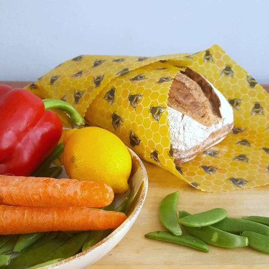 Reusable Beeswax Food Wraps 100% Hand Made in the UK by Honey Bee Good shown in Classic XXL Bread Wrap yellow bees lifestyle