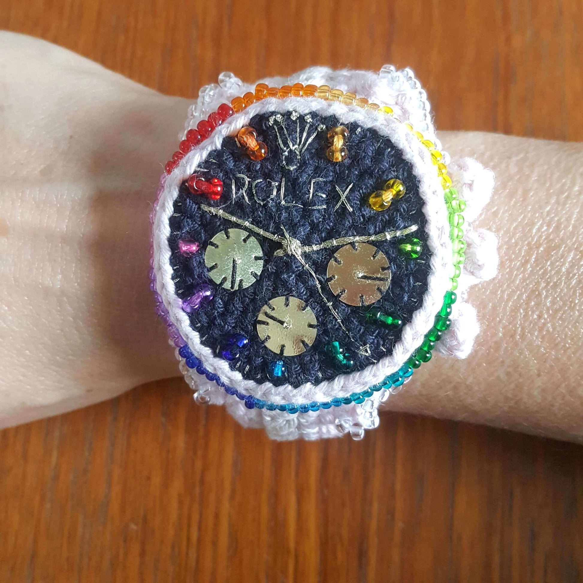 Crochet & Micro-Embroidery Luxury Wrist Watch Bracelet - Rainbow Rose Gold