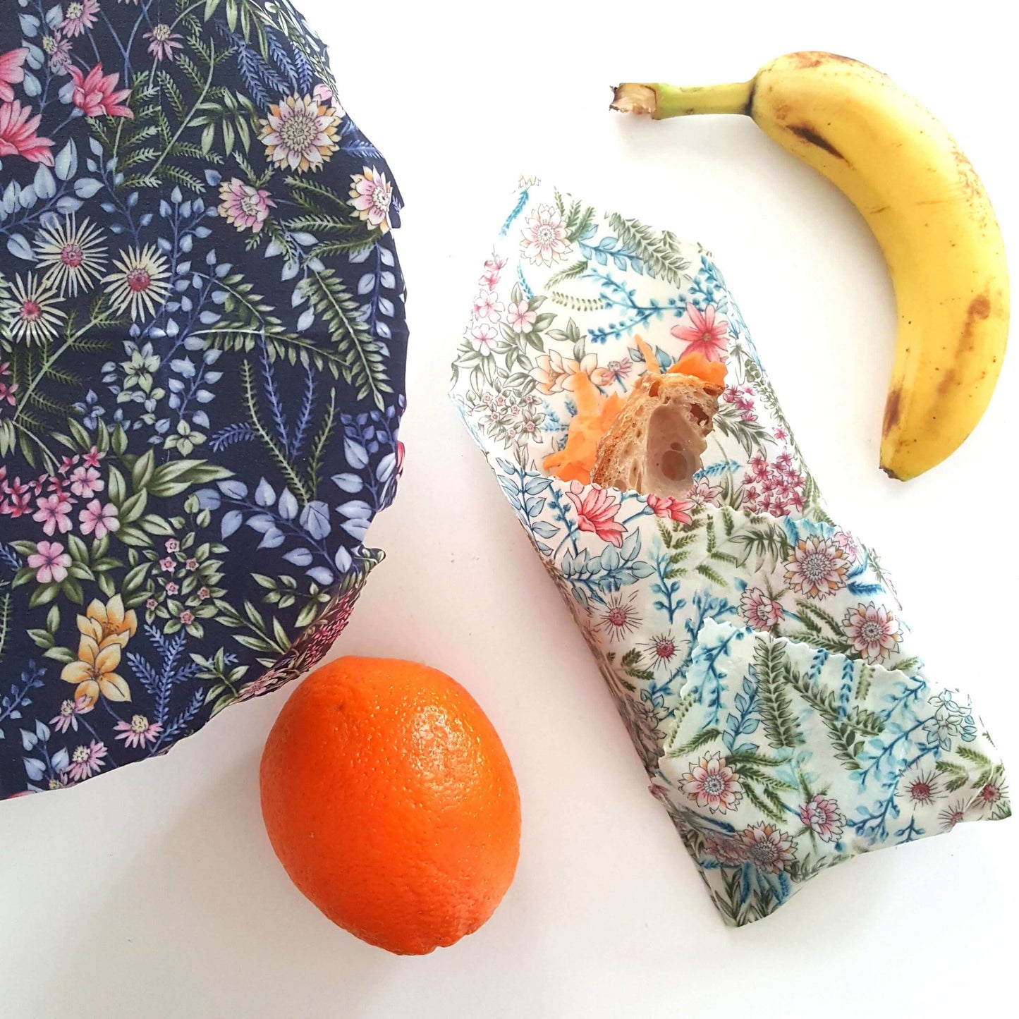 Reusable Beeswax Food Wraps 100% Hand Made in the UK by Honey Bee Good shown in Set of 3 Classic Botanical flatlay