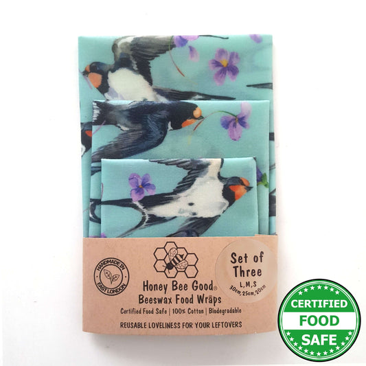 Reusable Beeswax Food Wraps 100% Hand Made in the UK by Honey Bee Good shown in Set of 3 Swifts pattern