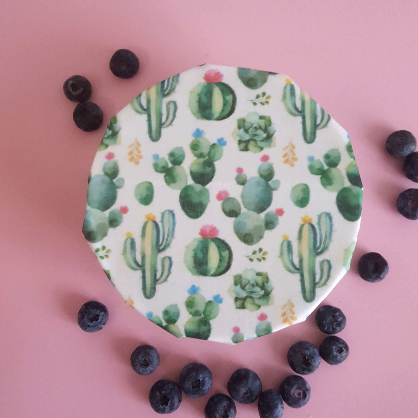 Reusable Beeswax Food Wraps 100% Hand Made in the UK by Honey Bee Good shown in Set of 3 Cactus pattern on bowl