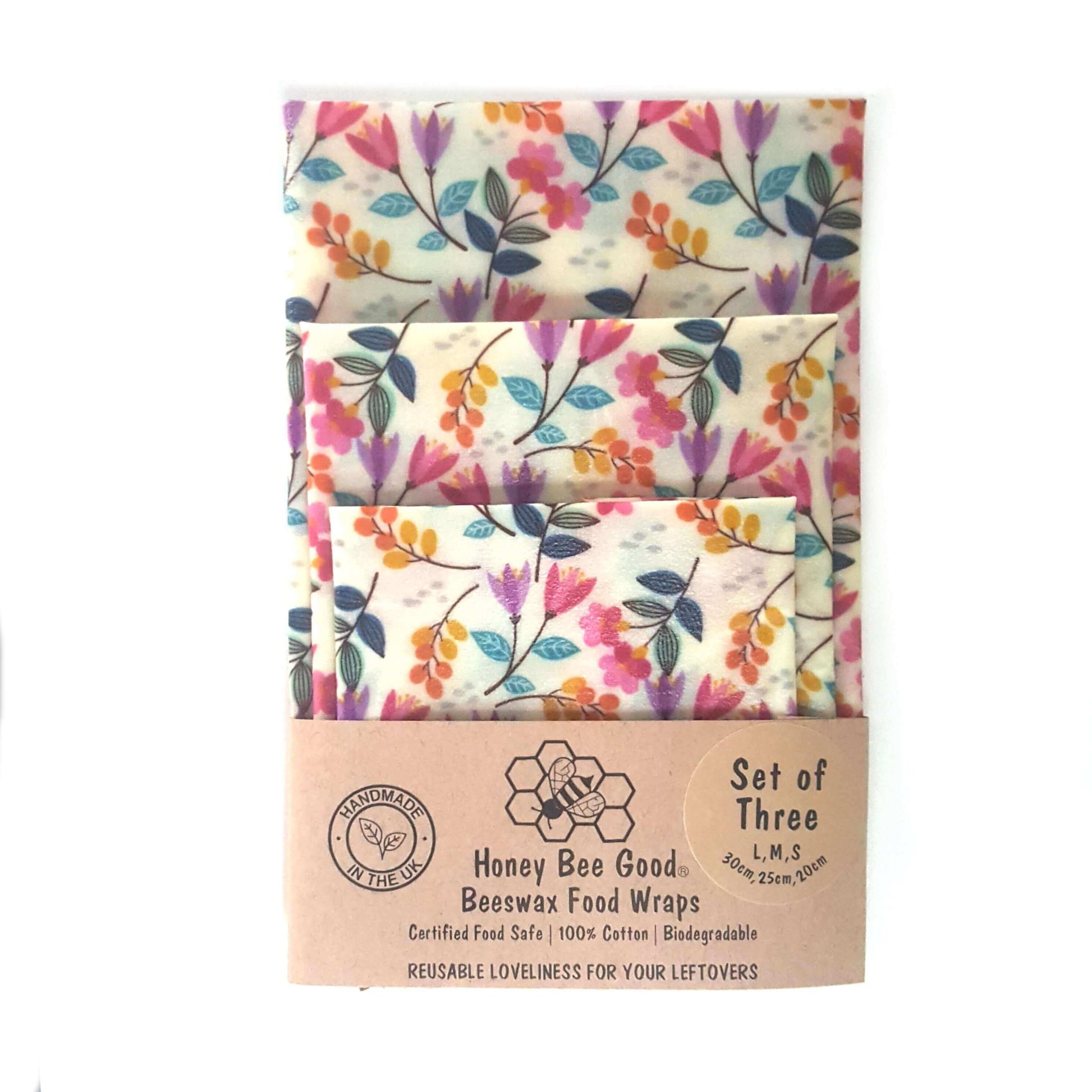 Reusable Beeswax Food Wraps 100% Hand Made in the UK by Honey Bee Good shown in Classic Set of 3 Meadow