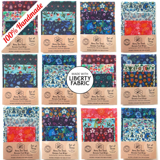 Reusable Beeswax Food Wraps 100% Hand Made in the UK by Honey Bee Good shown in Made with Liberty Fabric