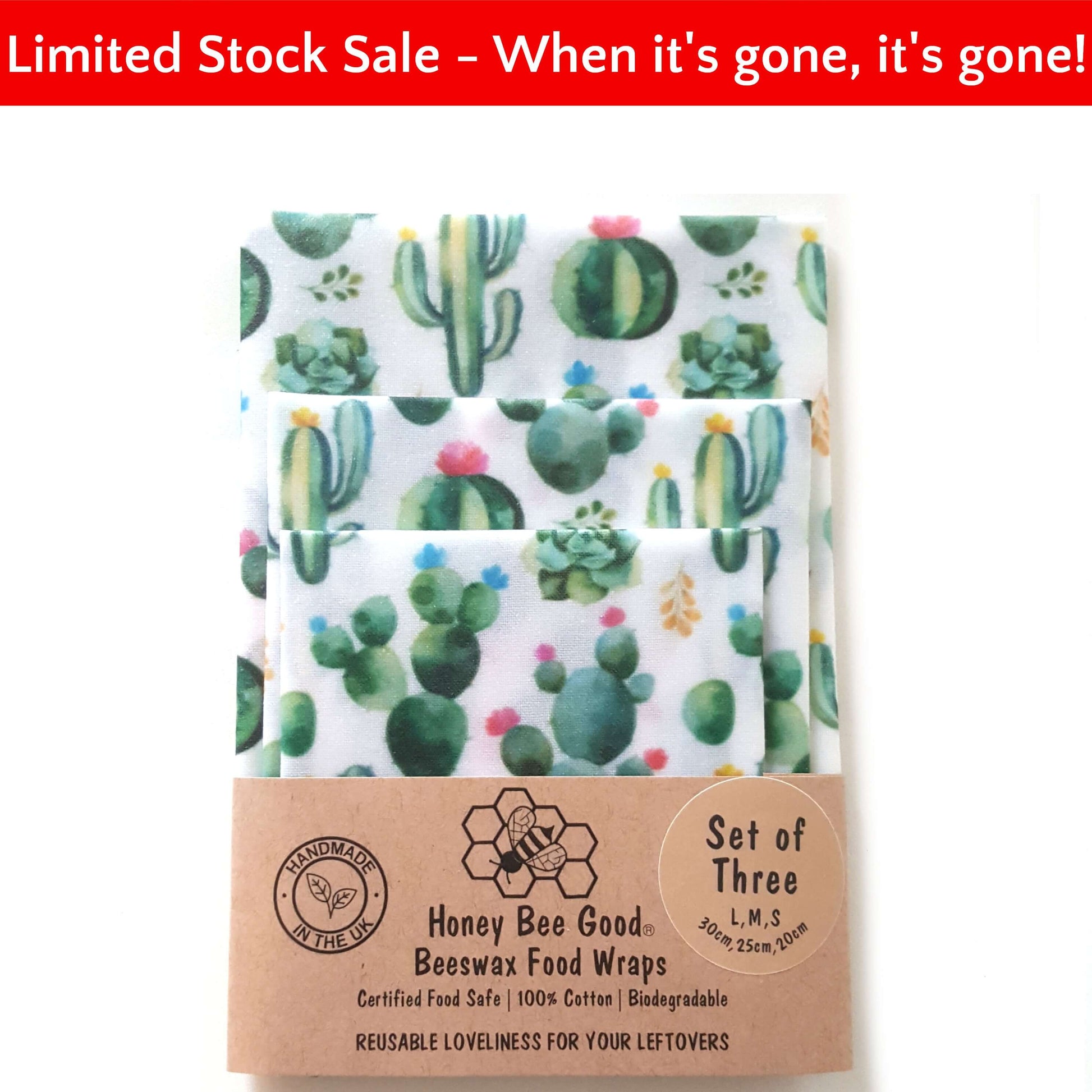 Reusable Beeswax Food Wraps 100% Hand Made in the UK by Honey Bee Good shown in Set of 3 in Cactus pattern