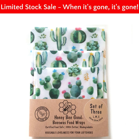 Reusable Beeswax Food Wraps 100% Hand Made in the UK by Honey Bee Good shown in Set of 3 Cactus pattern