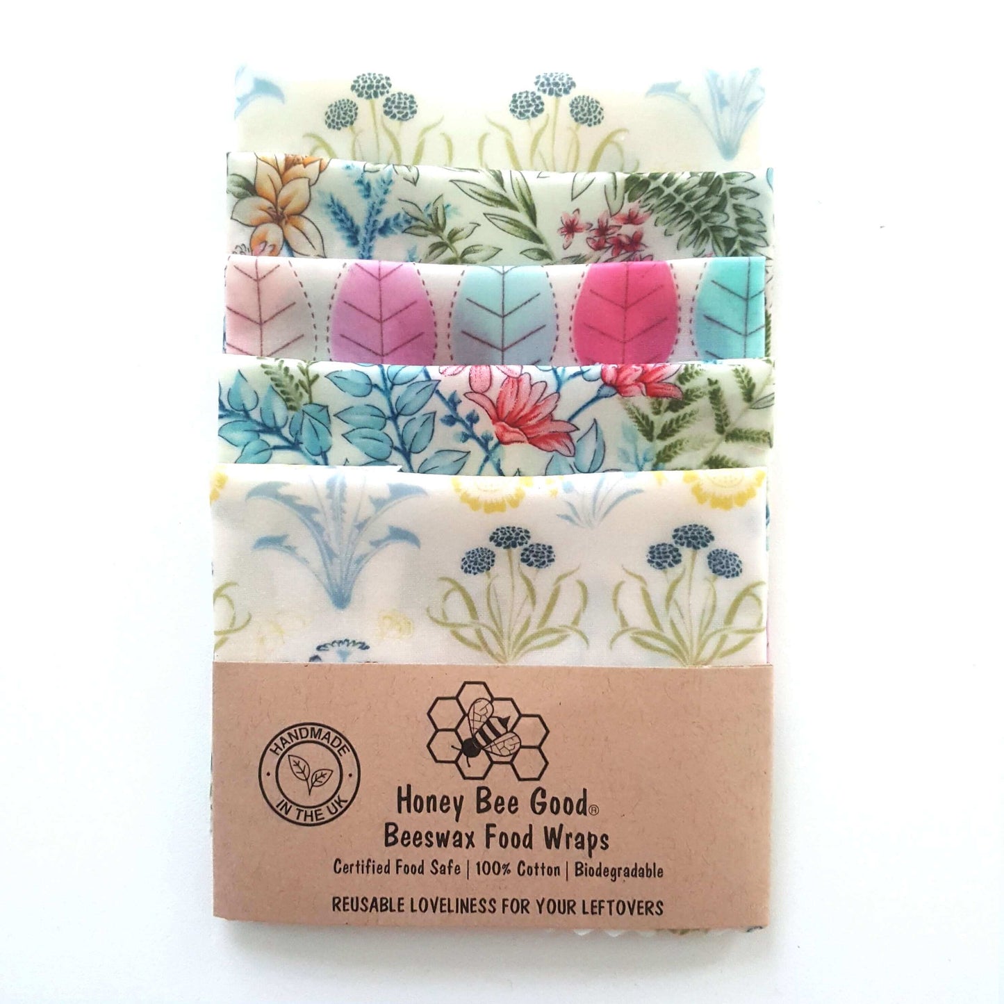 Reusable Beeswax Food Wraps 100% Hand Made in the UK by Honey Bee Good shown in Set of 5 Smalls