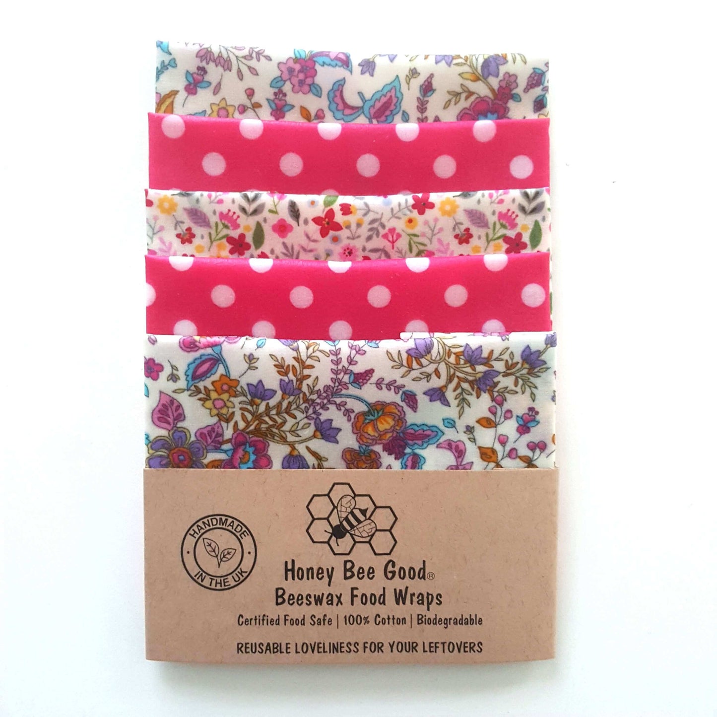 Reusable Beeswax Food Wraps 100% Hand Made in the UK by Honey Bee Good shown in Set of 5 Smalls