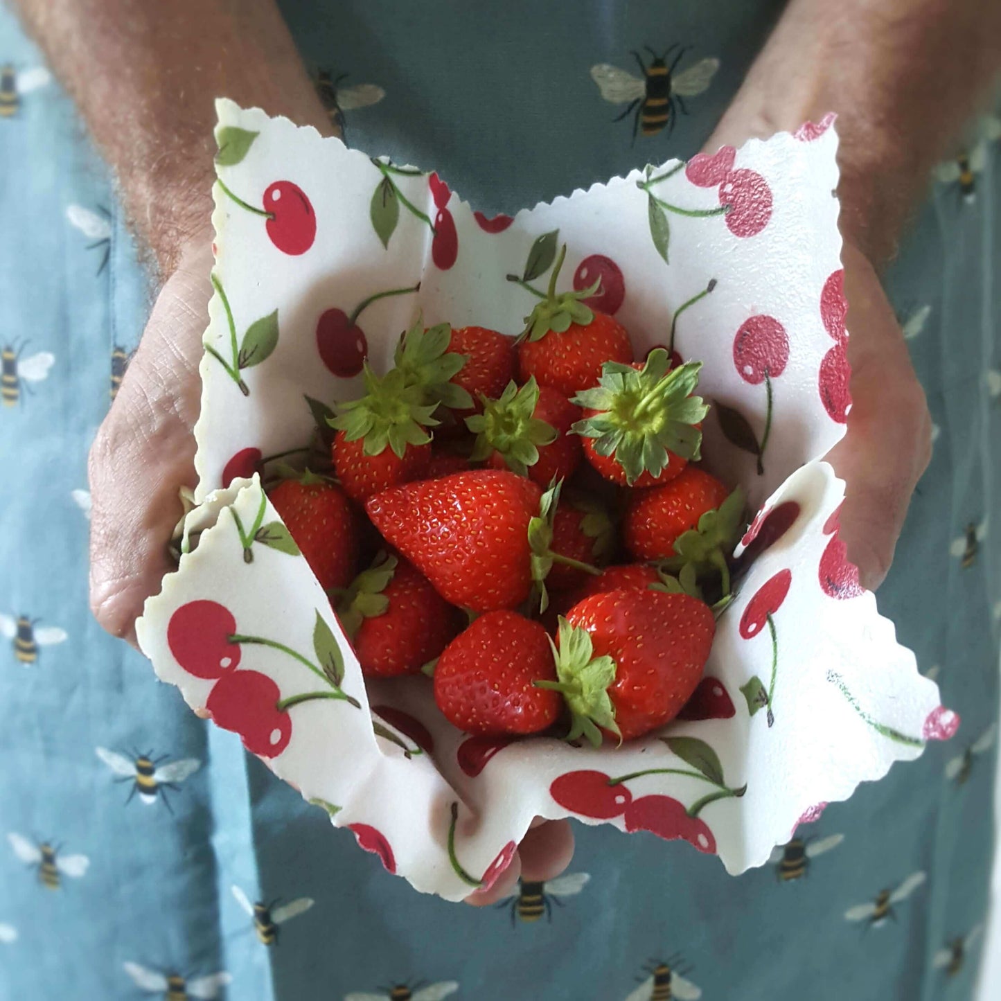 Reusable Beeswax Food Wraps 100% Hand Made in the UK by Honey Bee Good. Earth Kind Classic set of 3 in Cherries with strawberries