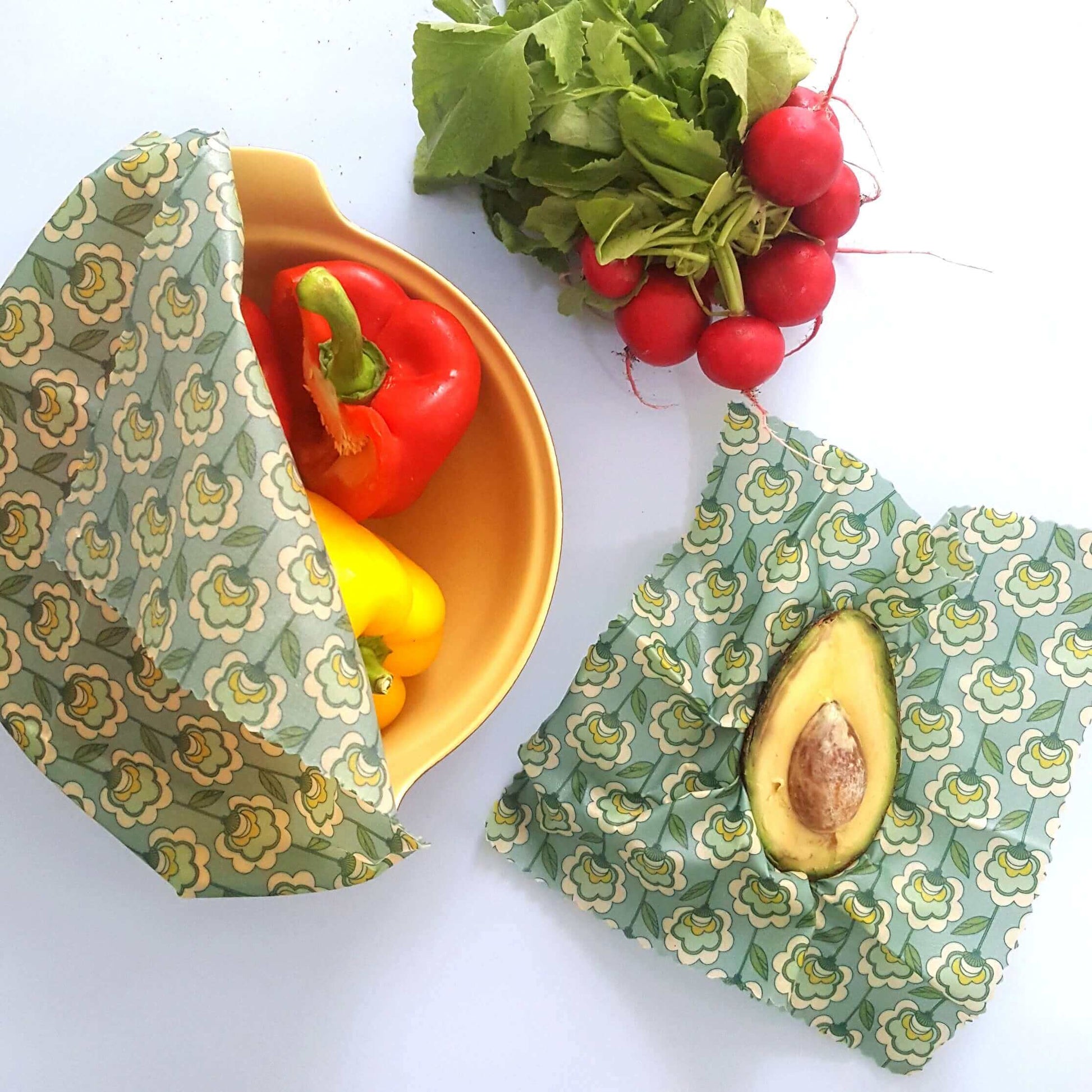 Reusable Beeswax Food Wraps 100% Hand Made in the UK by Honey Bee Good shown in Classic Mod Poppies Flatlay
