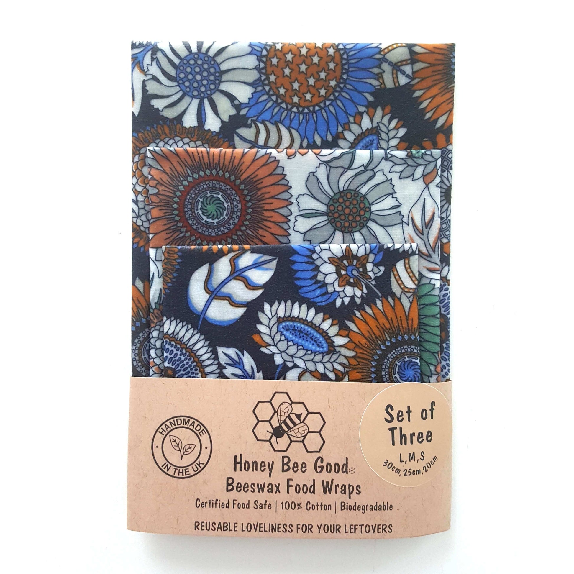 Reusable Beeswax Food Wraps 100% Hand Made in the UK by Honey Bee Good shown in Set of 3 Sunflowers pattern