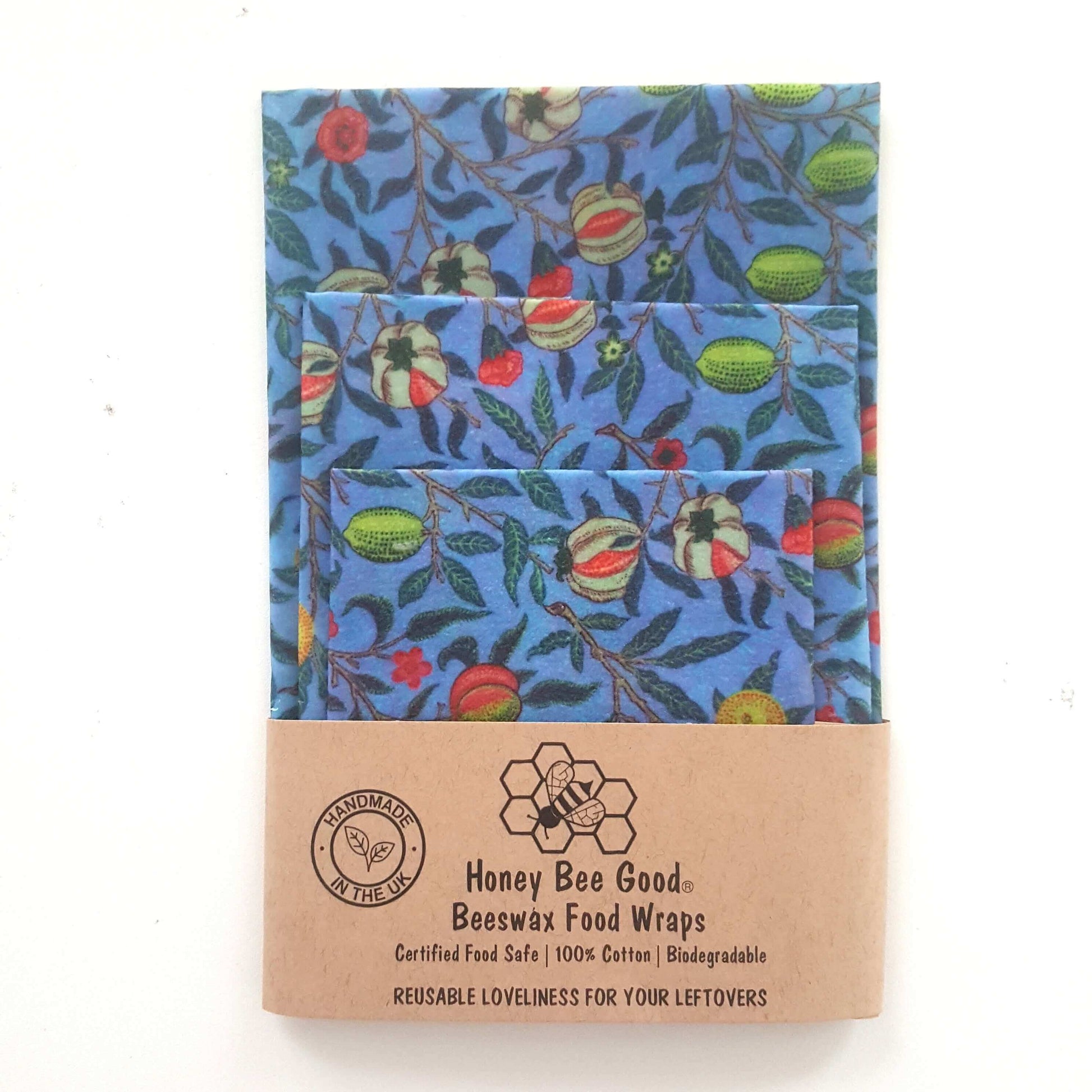 Reusable Beeswax Food Wraps 100% Hand Made in the UK by Honey Bee Good shown in William Morris Pomegranate