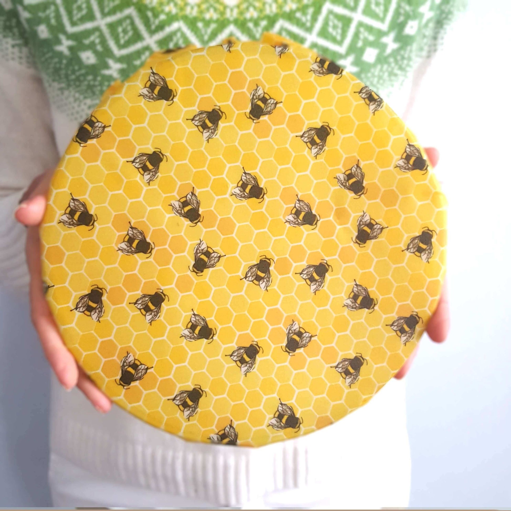 Reusable Beeswax Food Wraps 100% Hand Made in the UK by Honey Bee Good. Earth Kind Classic set of 3 in Yellow Bees on bowl