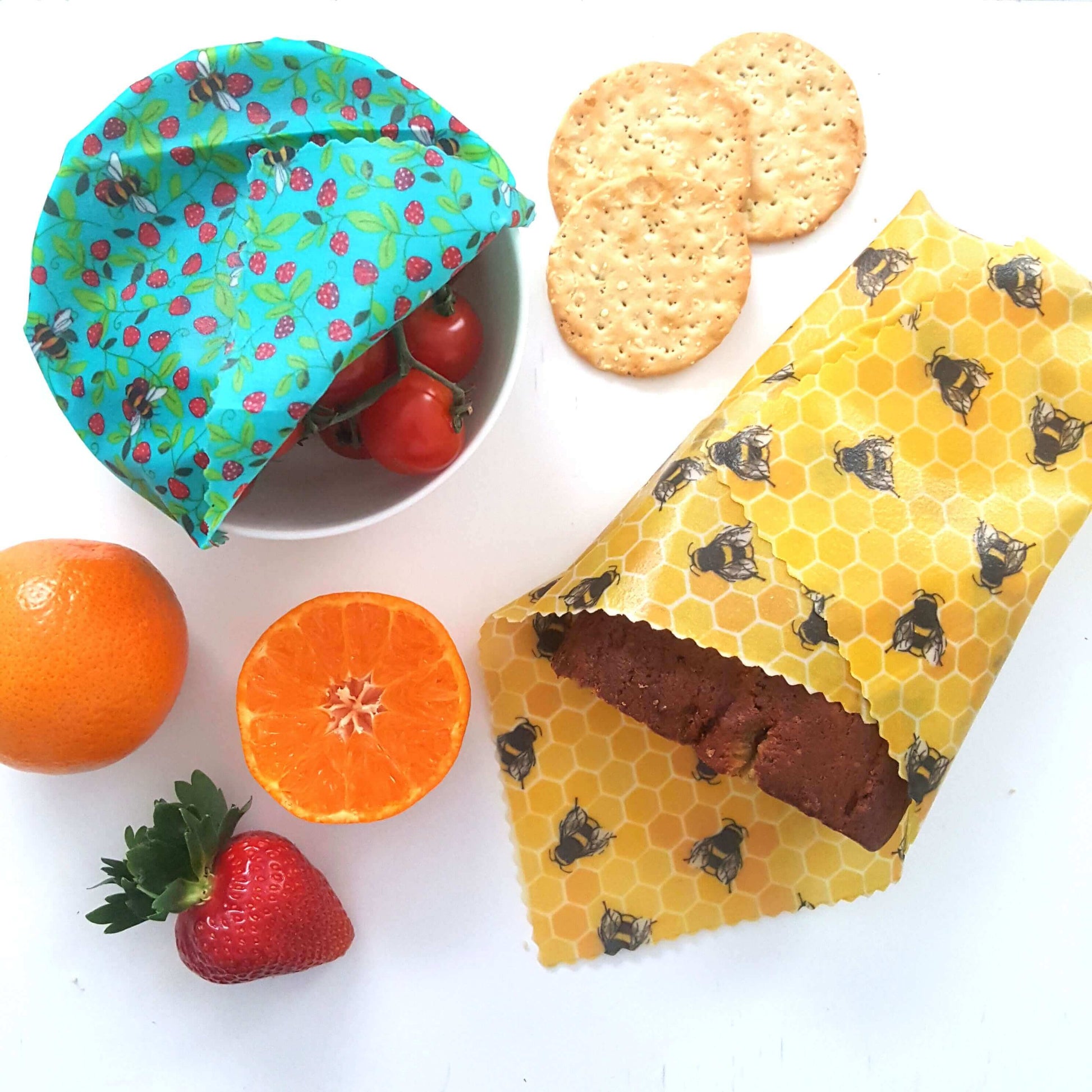 Yellow Bees Earth Kind Sandwich & Bowl Set of 2 Large Beeswax Wraps shown in use