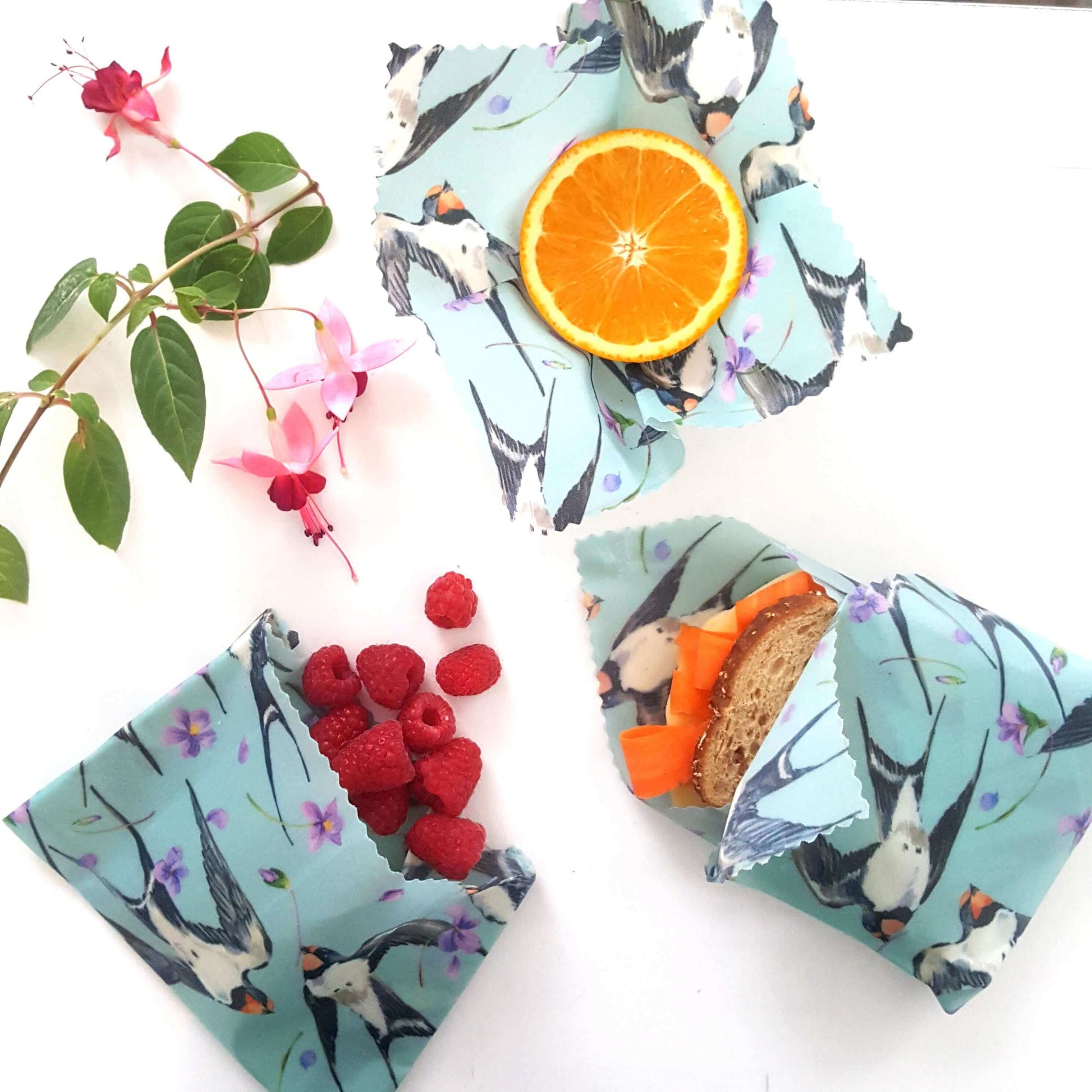 Reusable Beeswax Food Wraps 100% Hand Made in the UK by Honey Bee Good shown in Set of 3 Swifts pattern flatlay
