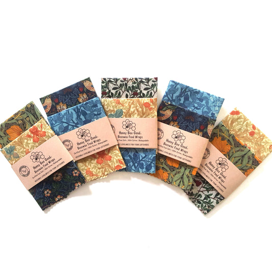 Reusable Beeswax Food Wraps 100% Hand Made in the UK by Honey Bee Good. No Waste Beeswax Wraps as Three 20cm+ in Best of Morris Lucky Dip pattern