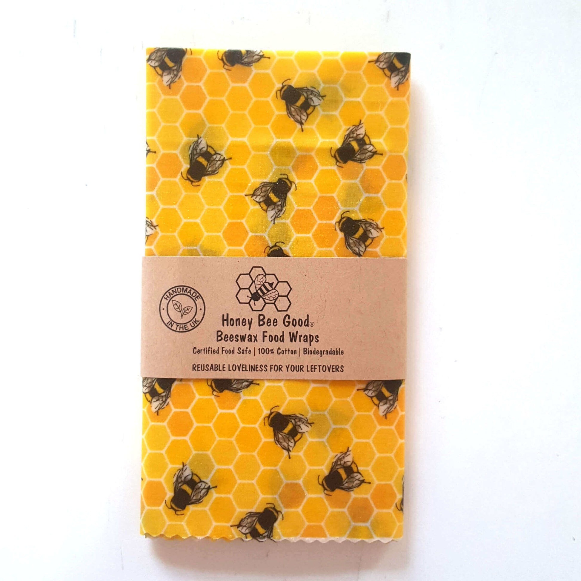 Reusable Beeswax Food Wraps 100% Hand Made in the UK by Honey Bee Good shown in Classic XXL Bread Wrap yellow bees