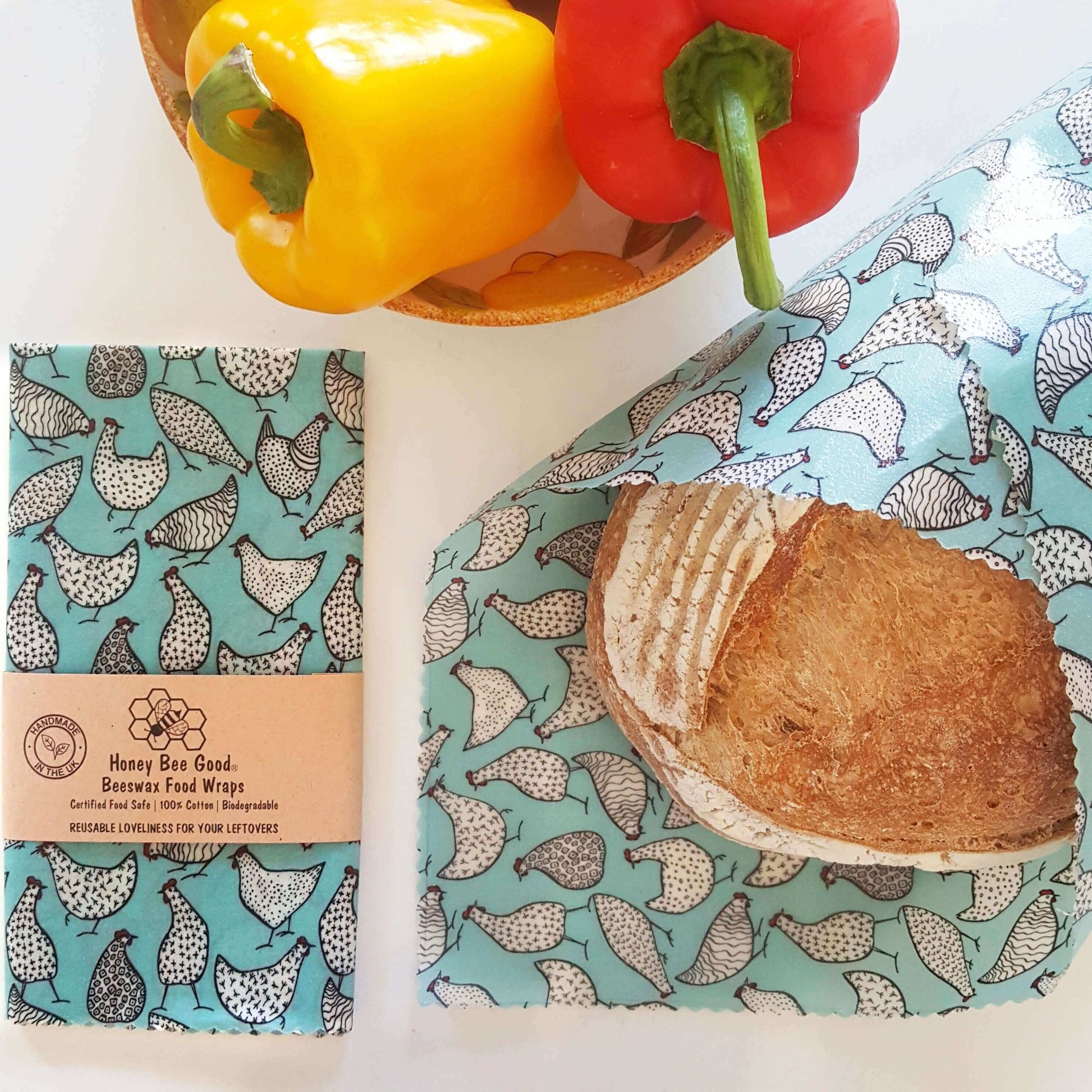 Reusable Beeswax Food Wraps 100% Hand Made in the UK by Honey Bee Good shown in Classic XXL Bread Wrap hens