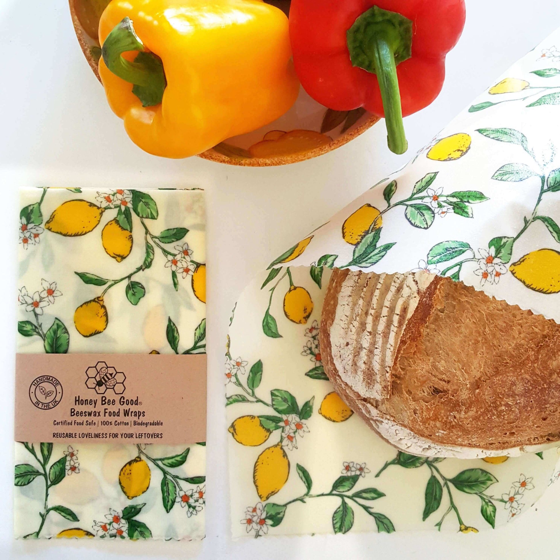 Reusable Beeswax Food Wraps 100% Hand Made in the UK by Honey Bee Good shown in Classic XXL Bread Wrap lemons