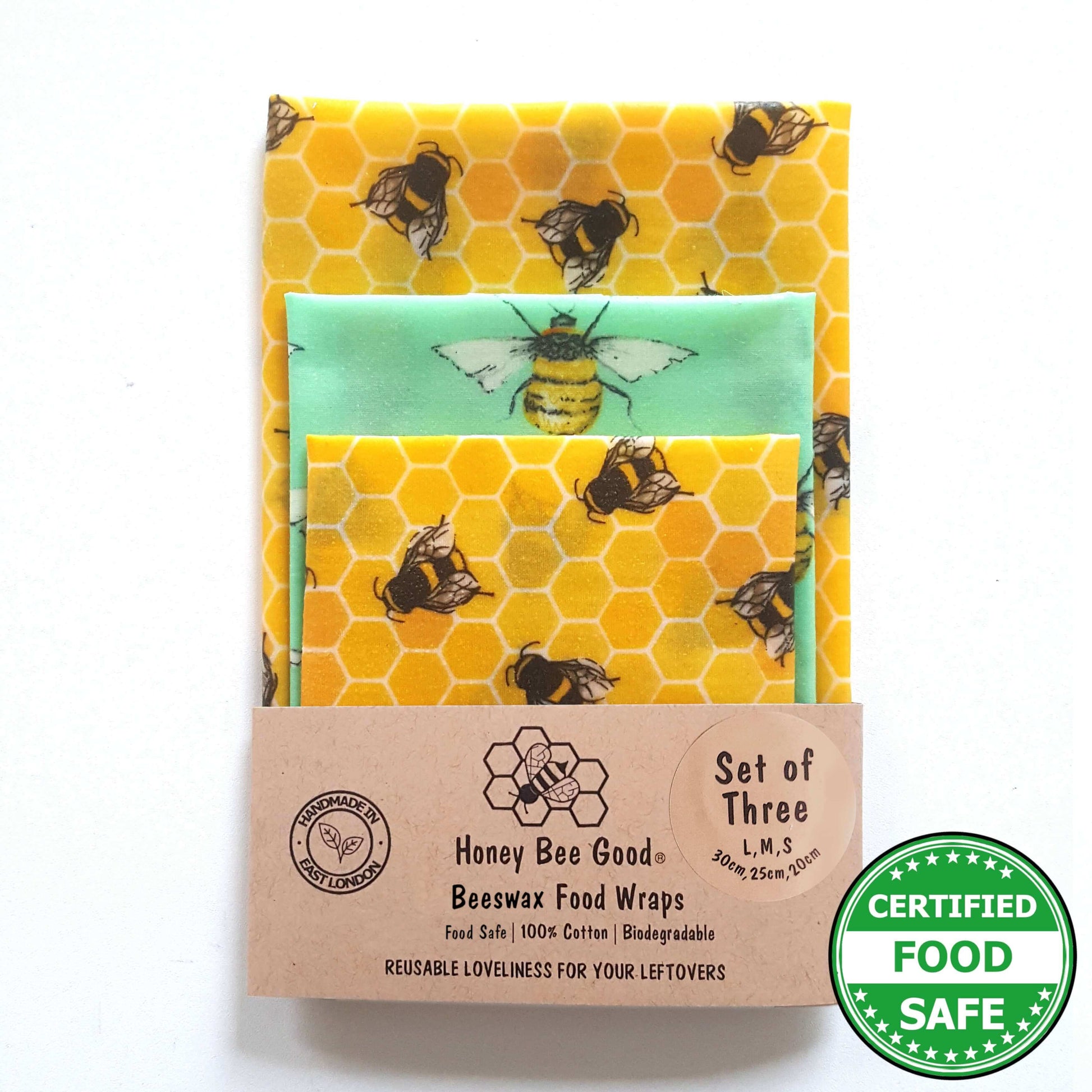 Reusable Beeswax Food Wraps 100% Hand Made in the UK by Honey Bee Good shown in Set of 3 Classic Bee Happy pattern
