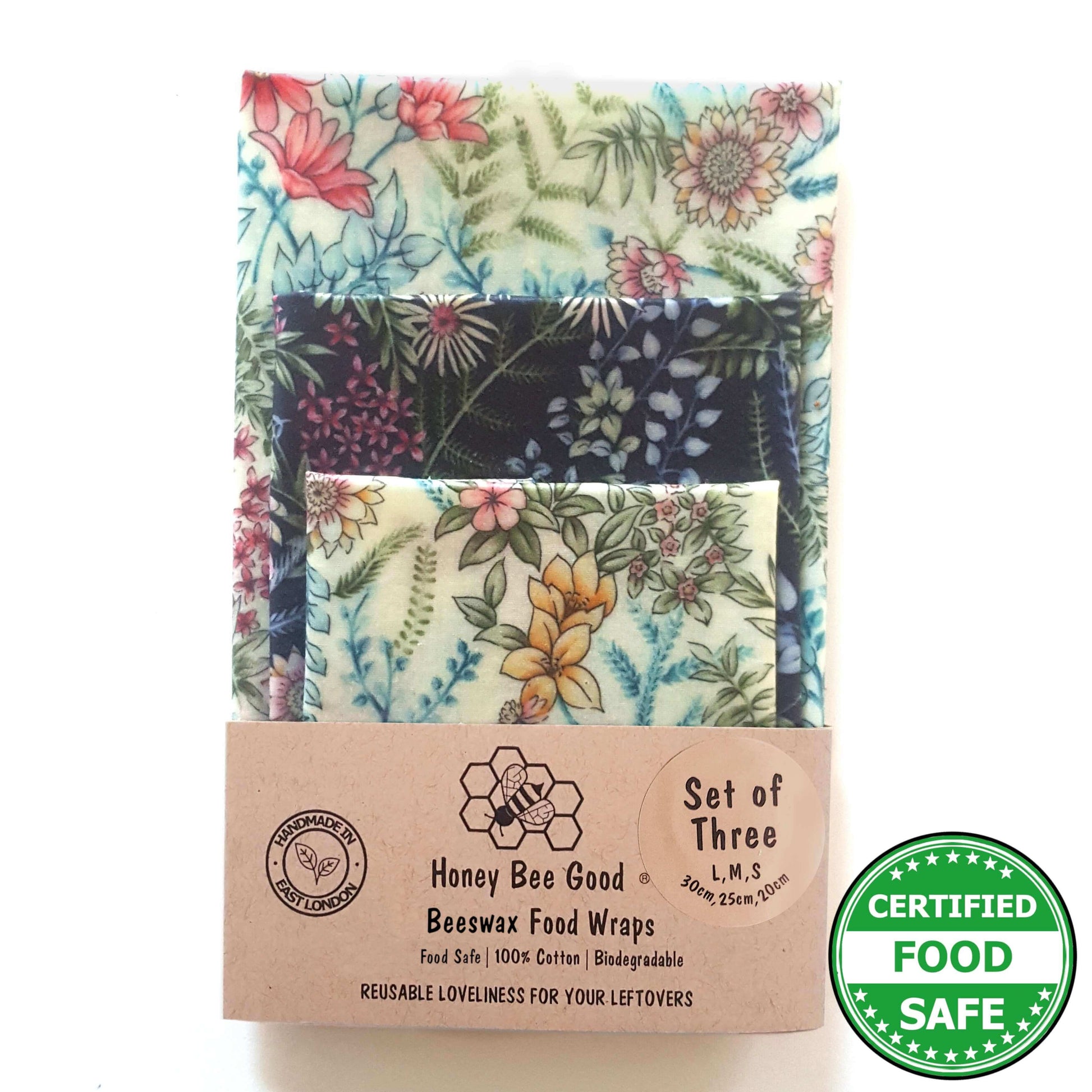 Reusable Beeswax Food Wraps 100% Hand Made in the UK by Honey Bee Good shown in Set of 3 Classic Botanical