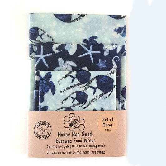 Reusable Beeswax Food Wraps 100% Hand Made in the UK by Honey Bee Good in Set of 3 Ocean Collection fish