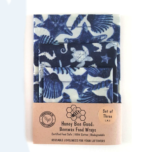 Reusable Beeswax Food Wraps 100% Hand Made in the UK by Honey Bee Good in Set of 3 Ocean Collection Shells