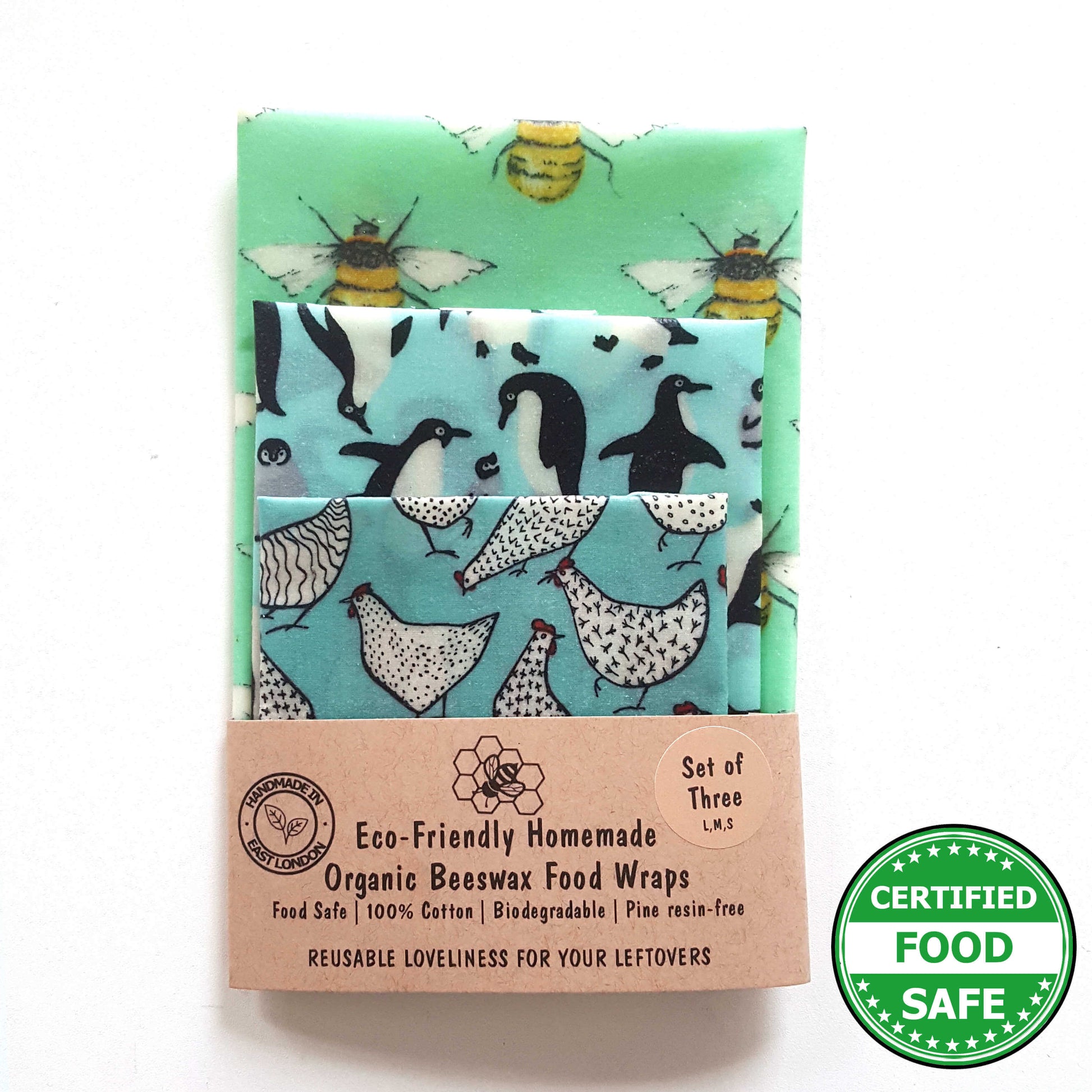 Reusable Beeswax Food Wraps 100% Hand Made in the UK by Honey Bee Good. Earth Kind Classic set of 3 in Penguins, Hens & Bees