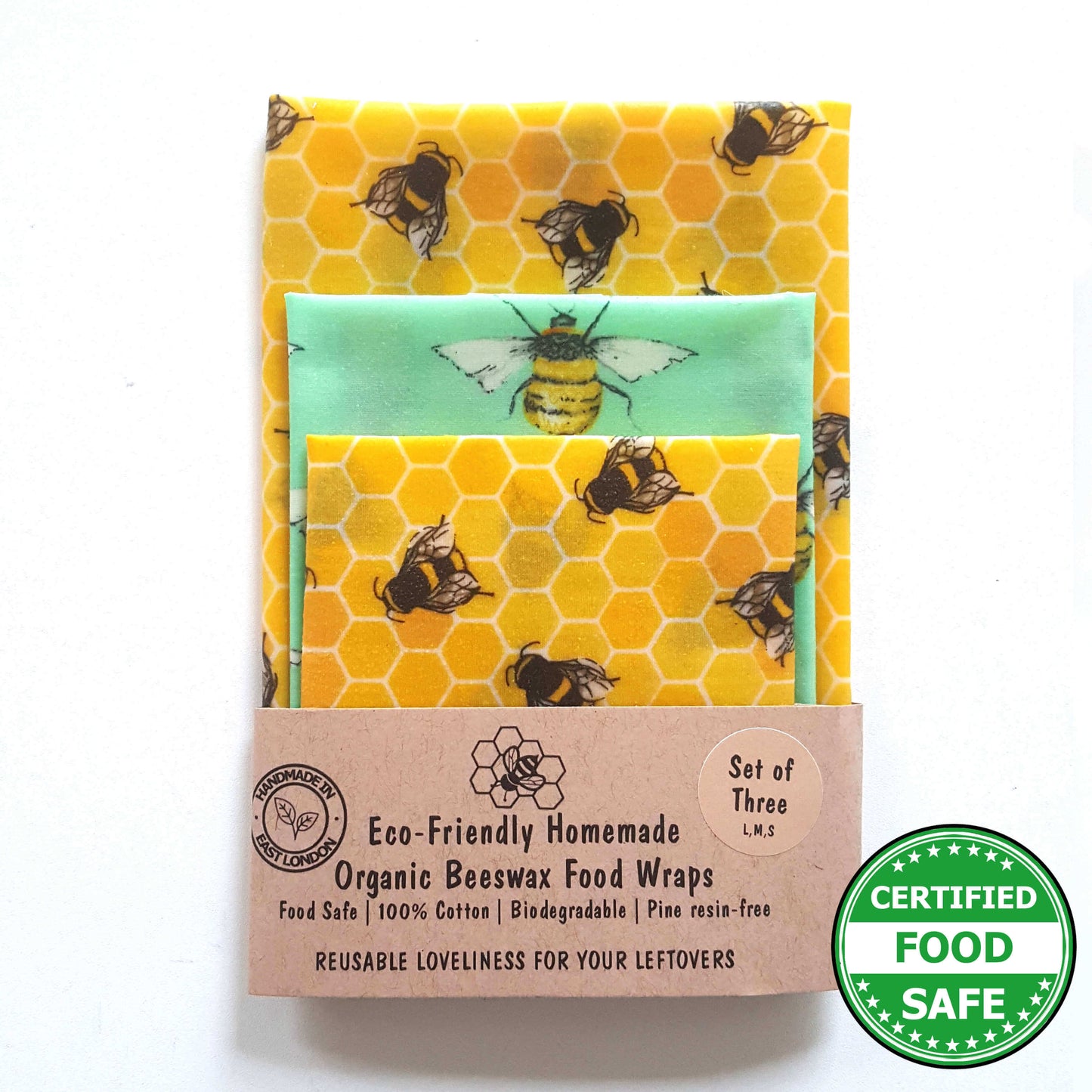 Reusable Beeswax Food Wraps 100% Hand Made in the UK by Honey Bee Good. Earth Kind Classic set of 3 in Bee Happy