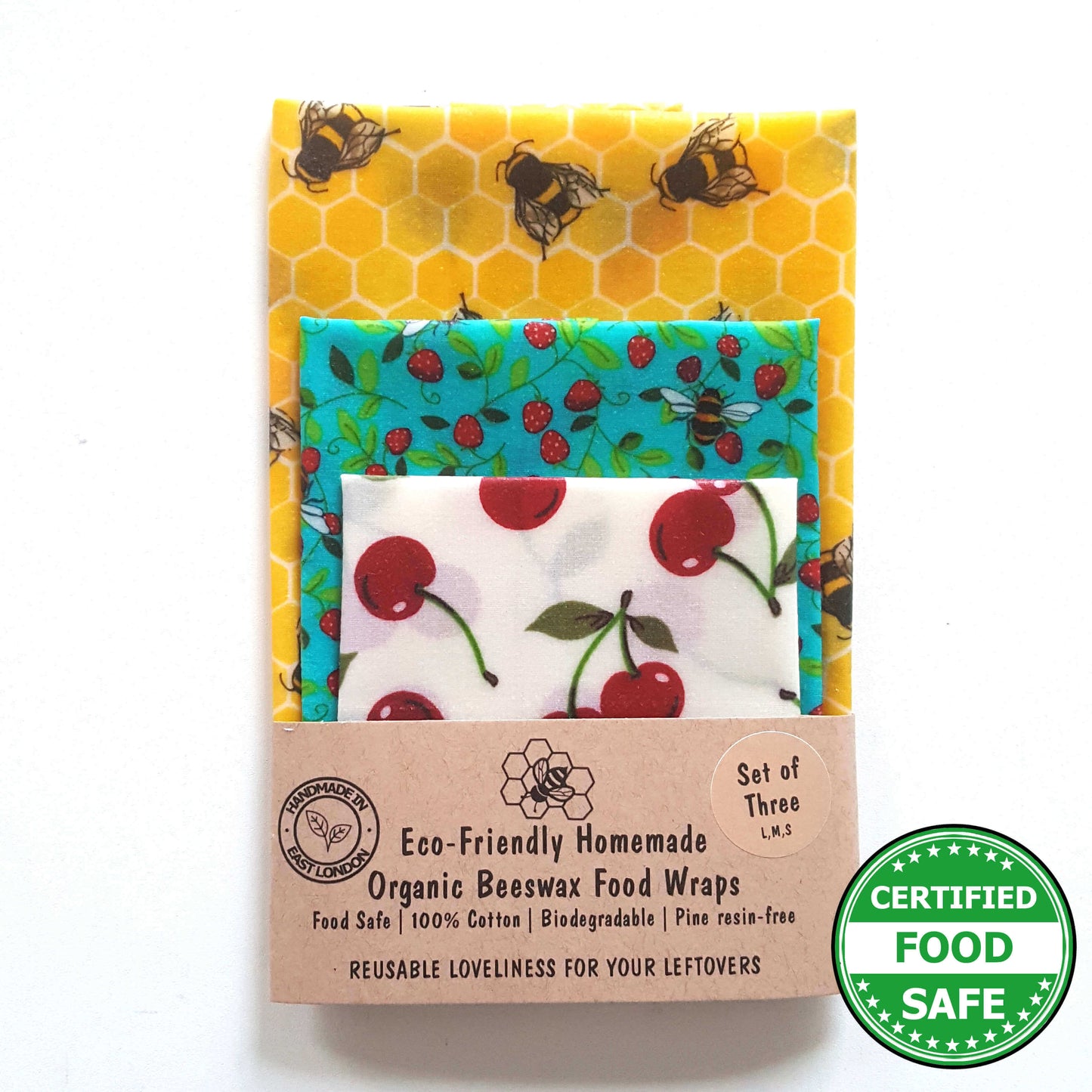 Reusable Beeswax Food Wraps 100% Hand Made in the UK by Honey Bee Good. Earth Kind Classic set of 3 in Bees & Cherries
