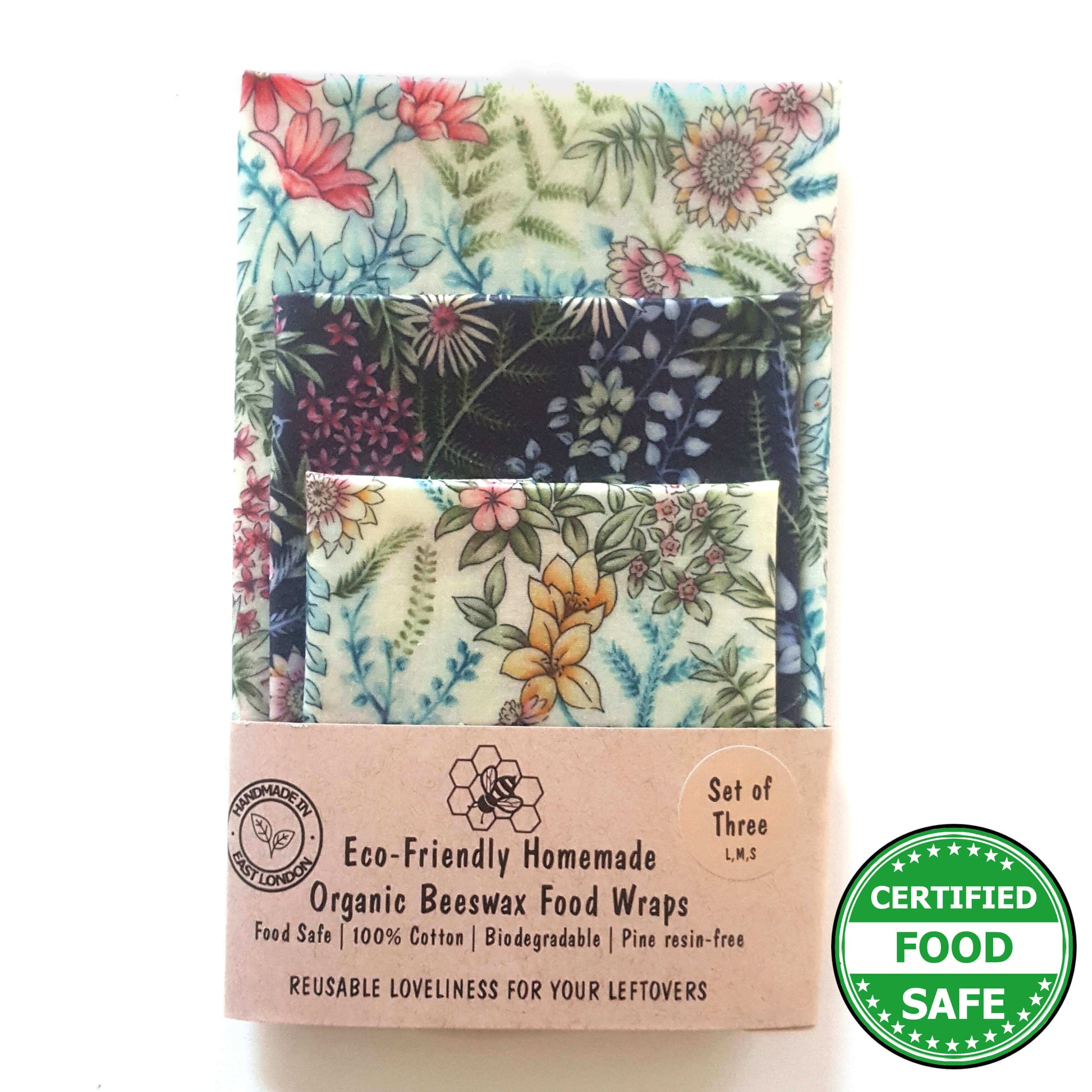 Reusable Beeswax Food Wraps 100% Hand Made in the UK by Honey Bee Good. Earth Kind Classic set of 3 in Botanical