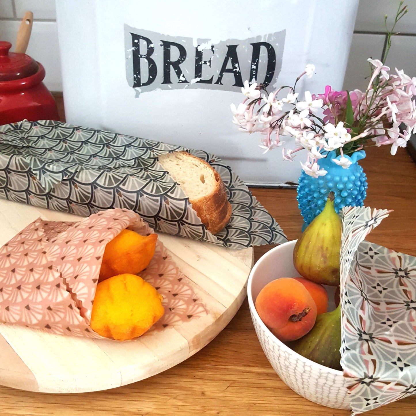 Reusable Beeswax Food Wraps 100% Hand Made in the UK by Honey Bee Good shown in Set of 3 Heritage Blush pattern lifestyle