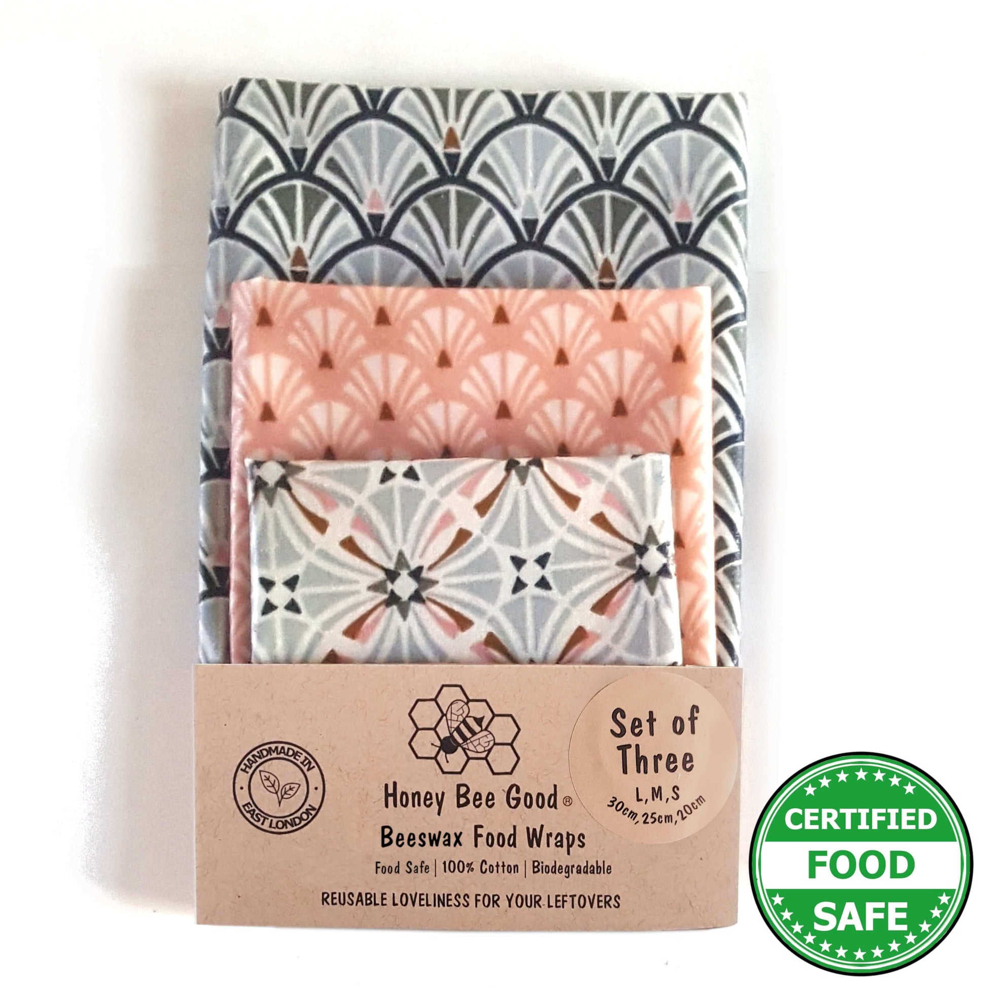 Reusable Beeswax Food Wraps 100% Hand Made in the UK by Honey Bee Good shown in Set of 3 Heritage Blush pattern