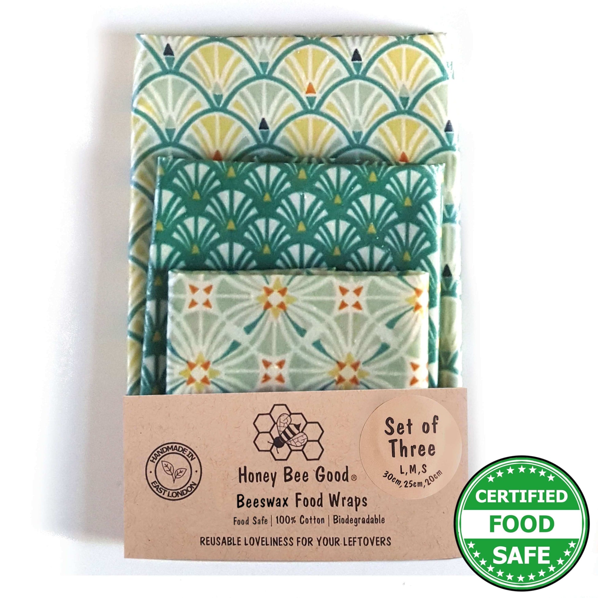 Reusable Beeswax Food Wraps 100% Hand Made in the UK by Honey Bee Good shown in Set of 3 Heritage Green pattern