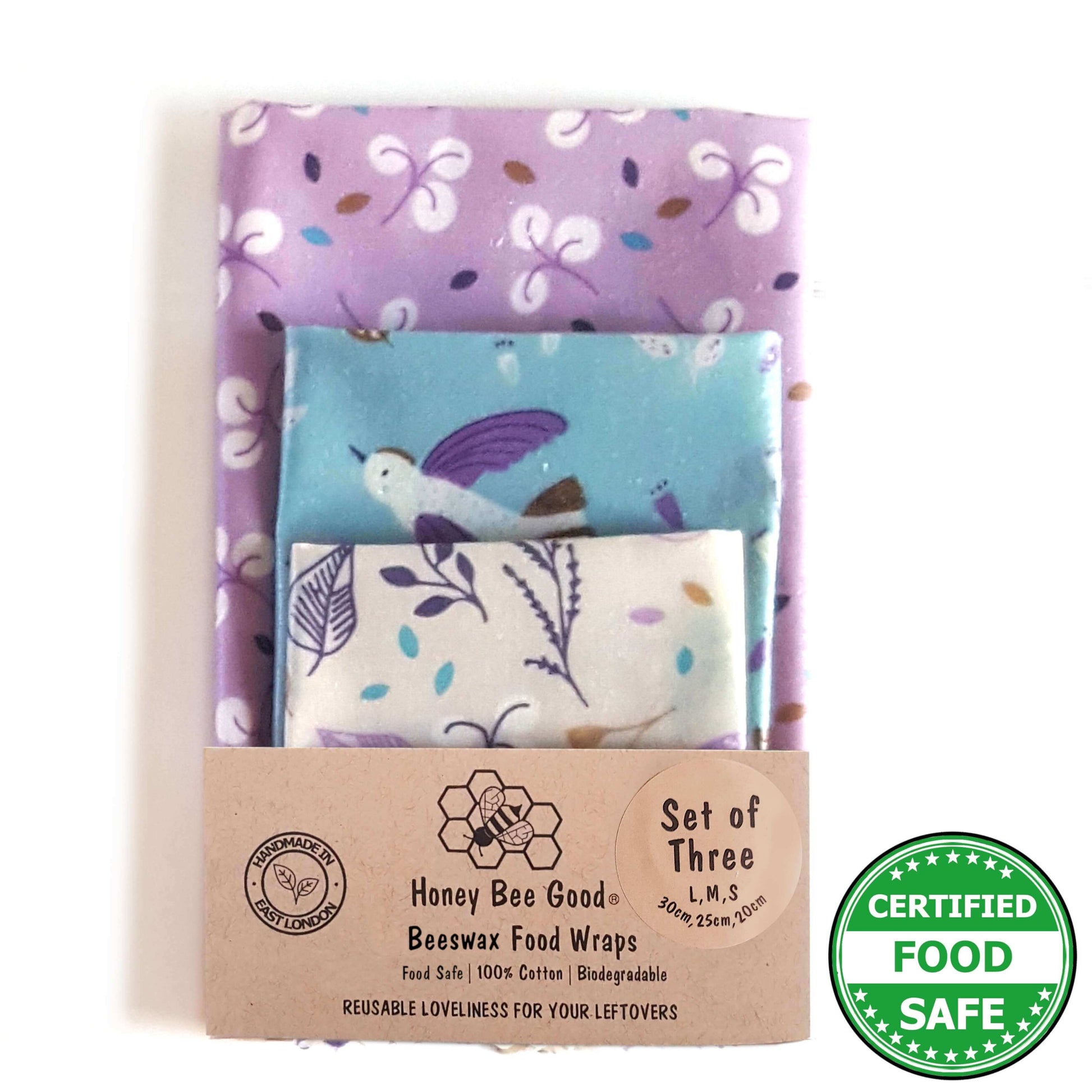 Reusable Beeswax Food Wraps 100% Hand Made in the UK by Honey Bee Good shown in Set of 3 Heritage Love Birds pattern