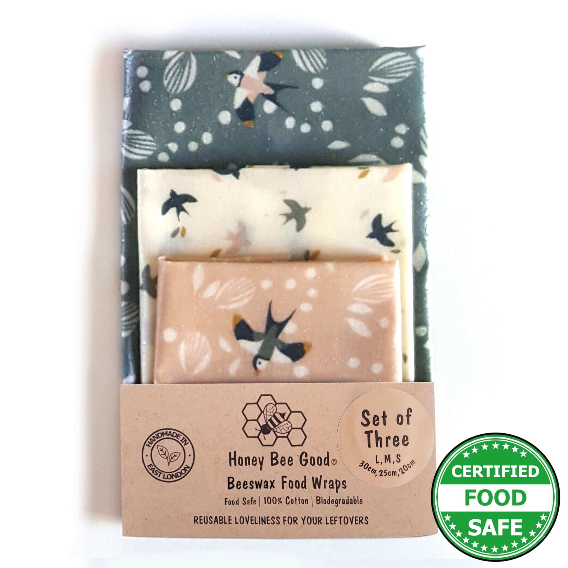 Reusable Beeswax Food Wraps 100% Hand Made in the UK by Honey Bee Good shown in Set of 3 Heritage Swifts pattern