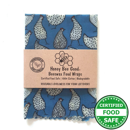 Reusable Beeswax Food Wraps 100% Hand Made in the UK by Honey Bee Good. Planet-Kind single large beeswax wrap in Blue Hens pattern