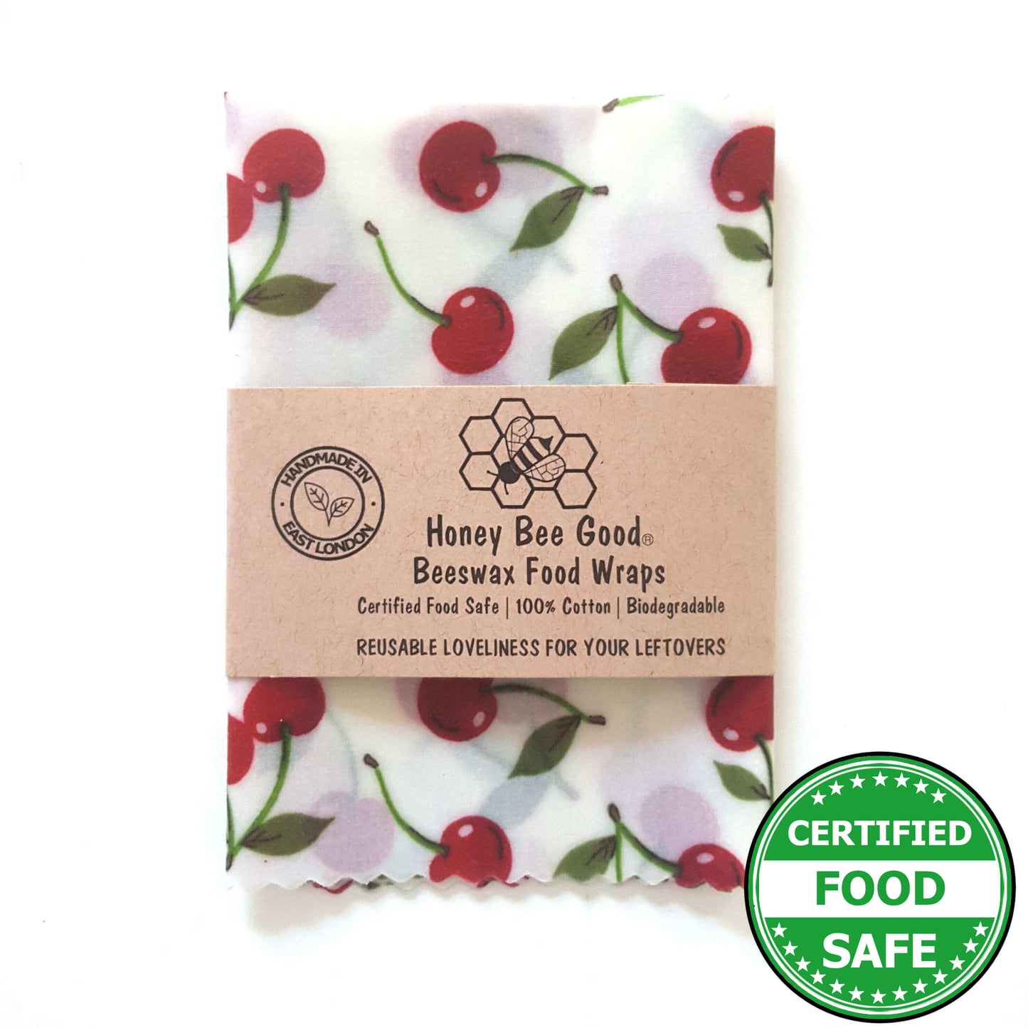 Reusable Beeswax Food Wraps 100% Hand Made in the UK by Honey Bee Good. Planet-Kind single large beeswax wrap in Cherries pattern