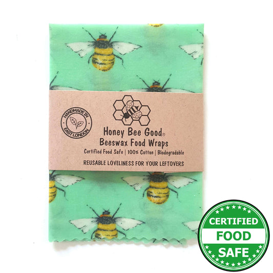 Reusable Beeswax Food Wraps 100% Hand Made in the UK by Honey Bee Good. Planet-Kind single large beeswax wrap in Green Bees pattern