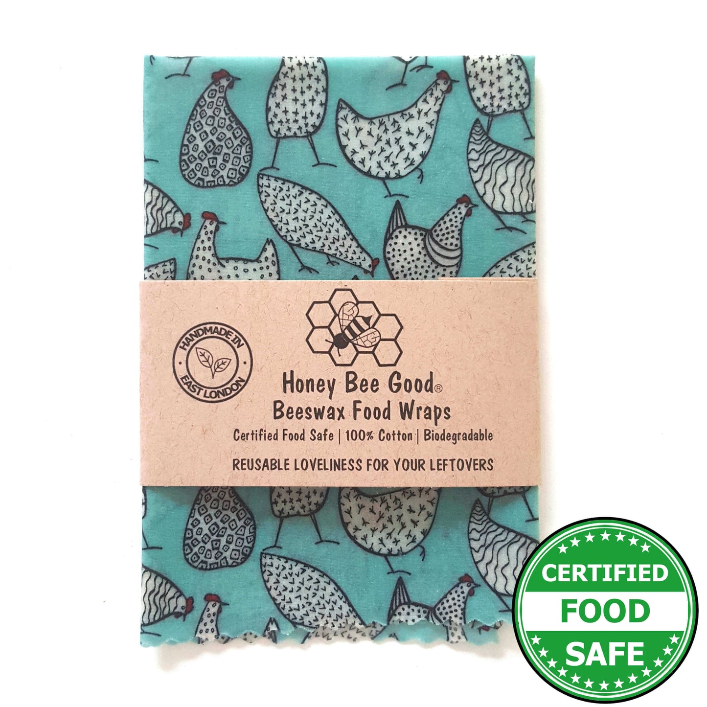 Reusable Beeswax Food Wraps 100% Hand Made in the UK by Honey Bee Good. Planet-Kind single large beeswax wrap in Happy Hens pattern