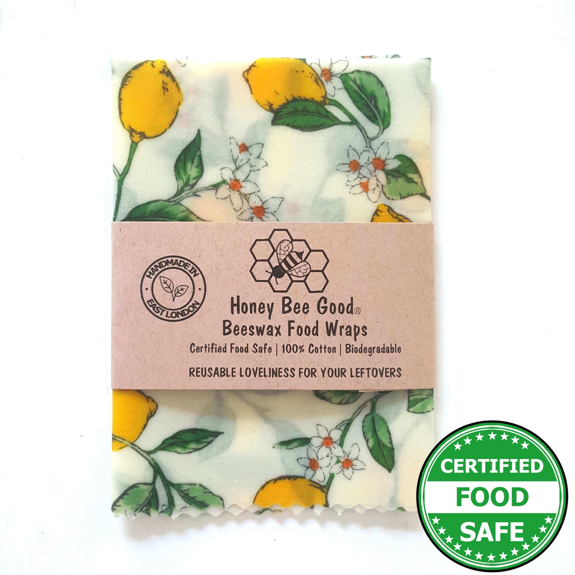 Reusable Beeswax Food Wraps 100% Hand Made in the UK by Honey Bee Good. Planet-Kind single large beeswax wrap in Lemons pattern
