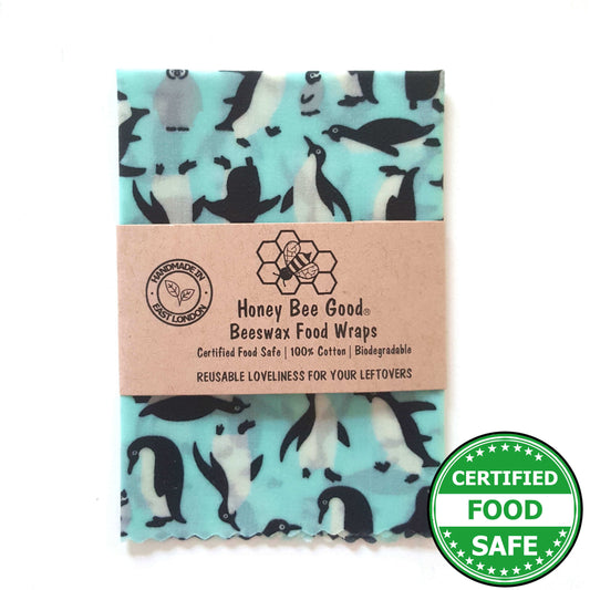 Reusable Beeswax Food Wraps 100% Hand Made in the UK by Honey Bee Good. Planet-Kind single large beeswax wrap in Penguins pattern
