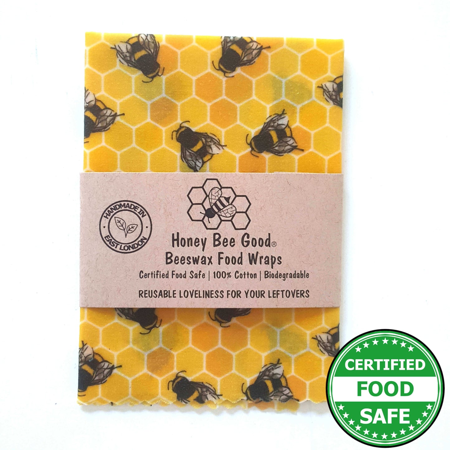 Reusable Beeswax Food Wraps 100% Hand Made in the UK by Honey Bee Good. Planet-Kind single large beeswax wrap in Yellow Bees pattern