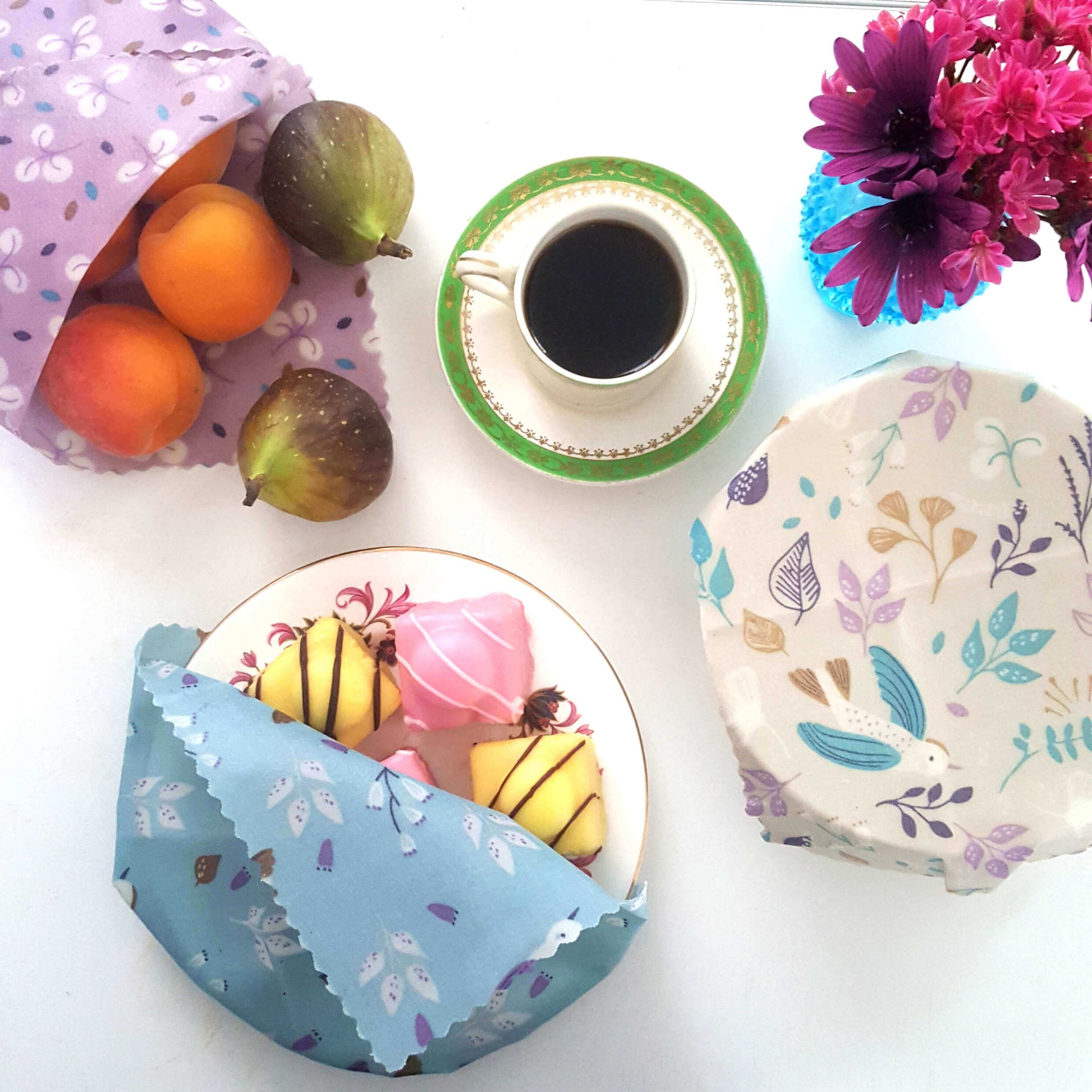 Reusable Beeswax Food Wraps 100% Hand Made in the UK by Honey Bee Good shown in Set of 3 Heritage Love Birds pattern flatlay