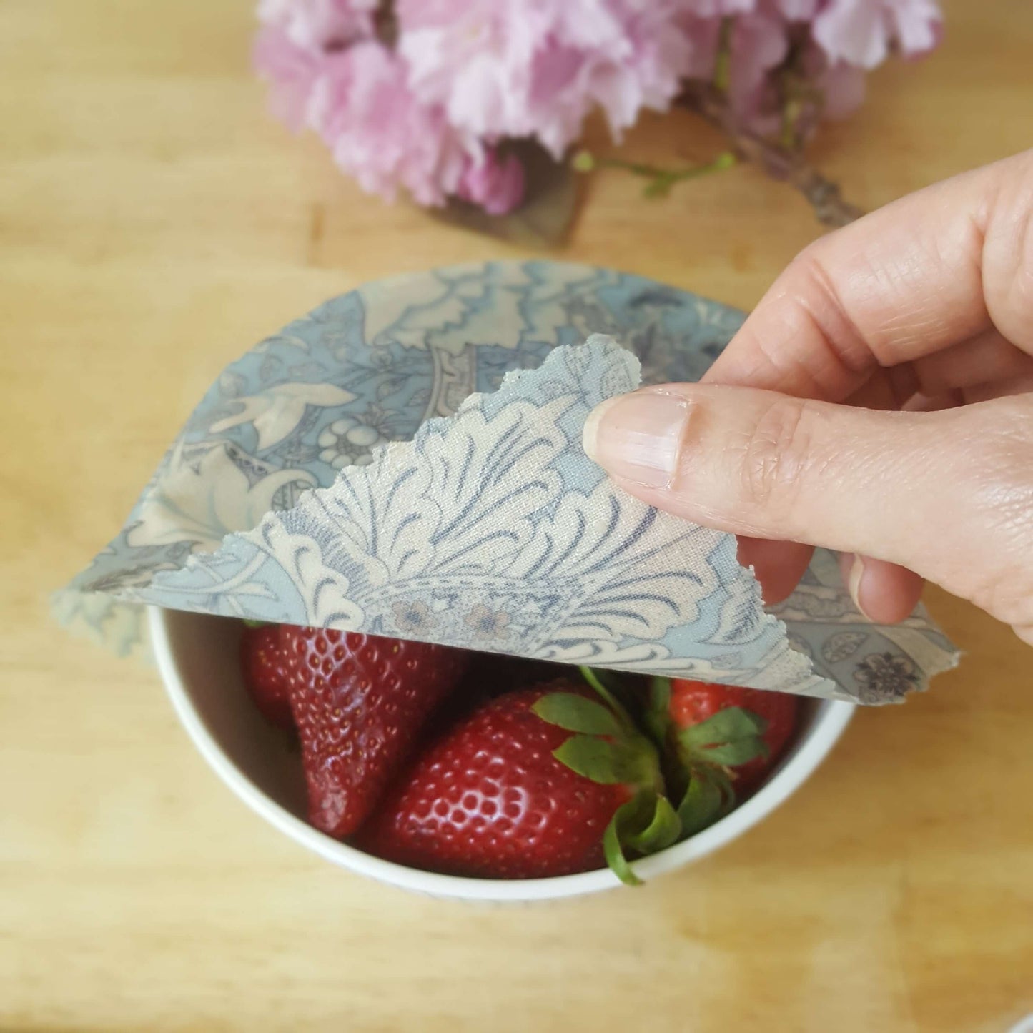 Organic GOTS Cotton Beeswax Wraps William Morris Windrush covering a bowl