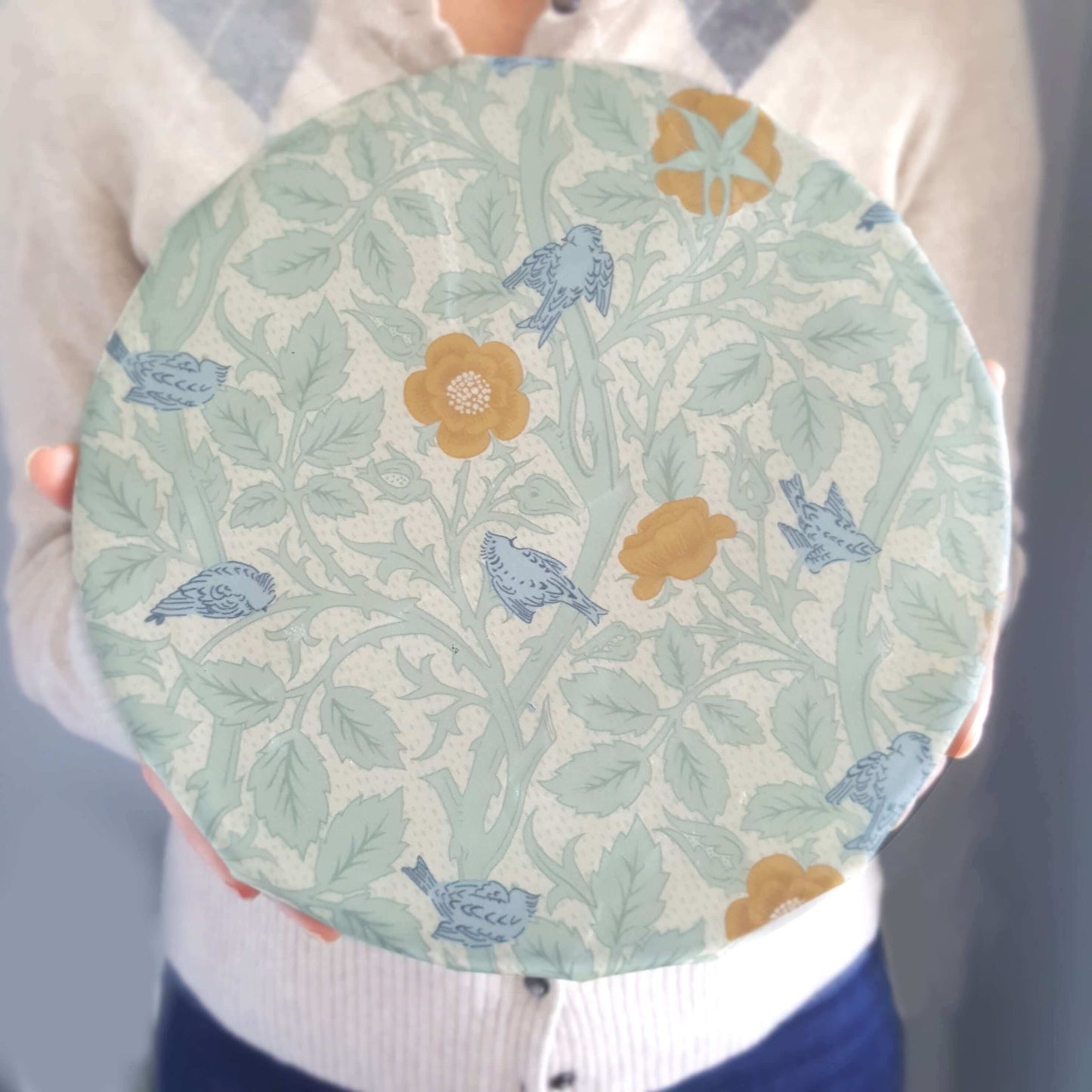 Organic GOTS Cotton Beeswax Wraps William Morris Windrush covering a large bowl