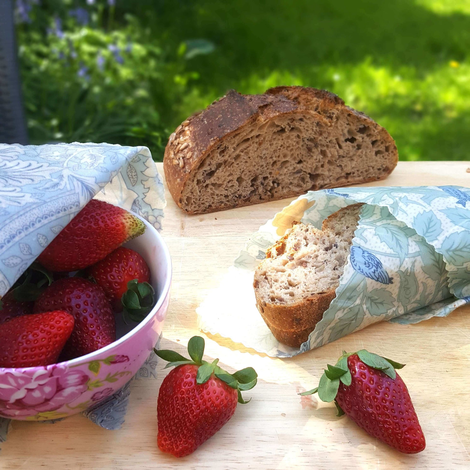 Organic GOTS Cotton Beeswax Wraps in a set of 3 William Morris Windrush at a picnic
