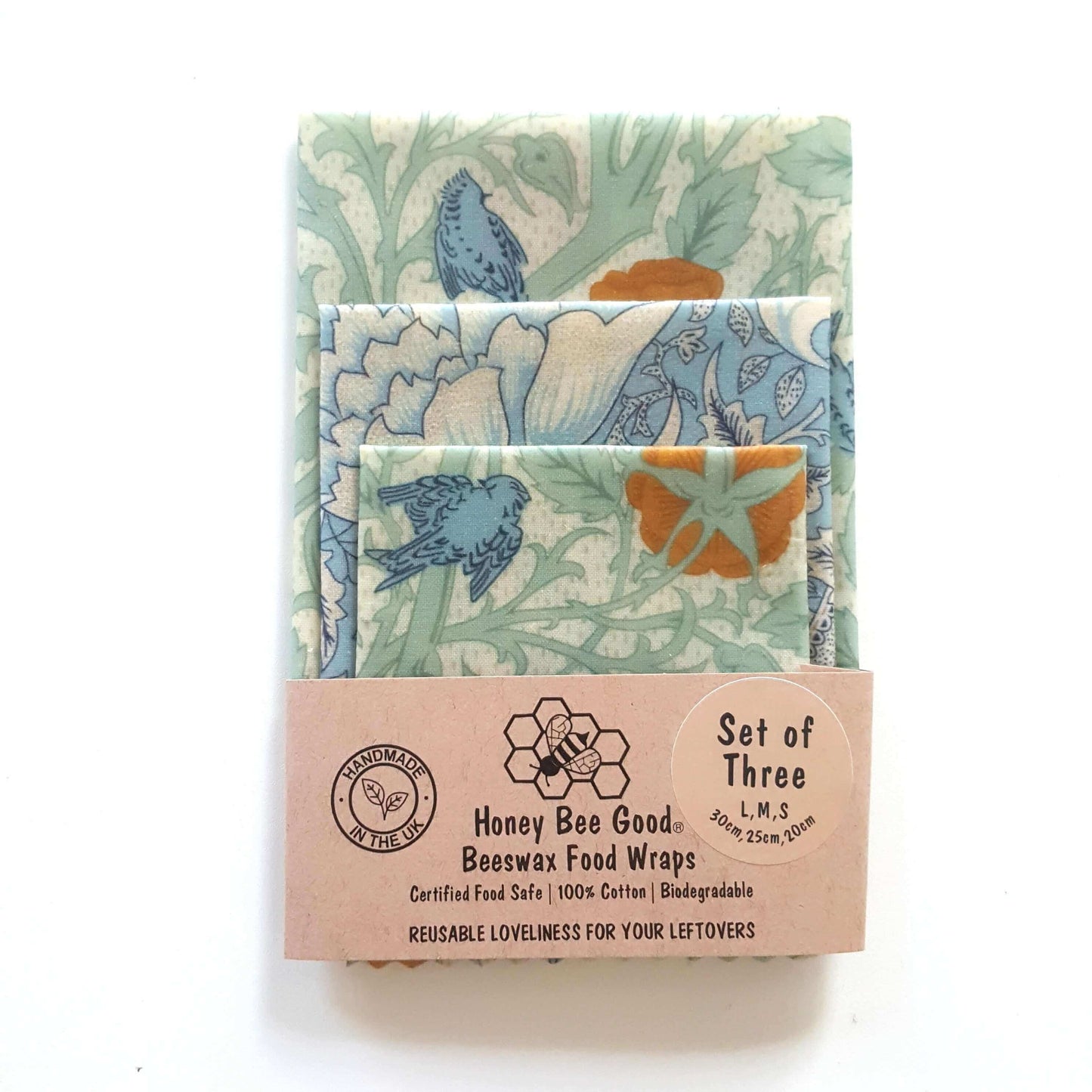 Organic GOTS Cotton Beeswax Wraps in a set of 3 William Morris Windrush isolated pack