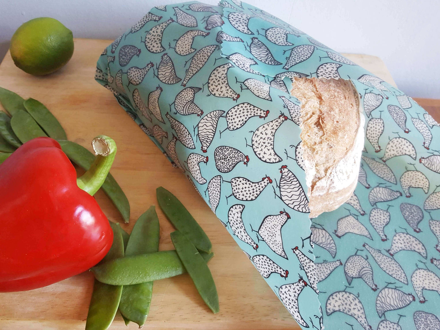 Reusable Beeswax Food Wraps 100% Hand Made in the UK by Honey Bee Good shown in Classic XXL Bread Wrap hens lifestyle