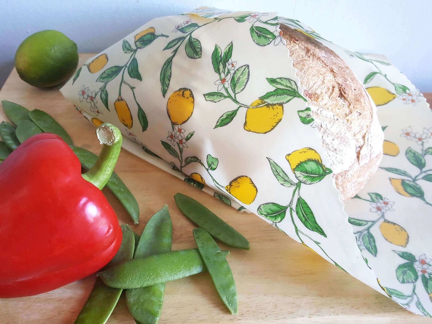 Reusable Beeswax Food Wraps 100% Hand Made in the UK by Honey Bee Good shown in Classic XXL Bread Wrap lemons lifestyle