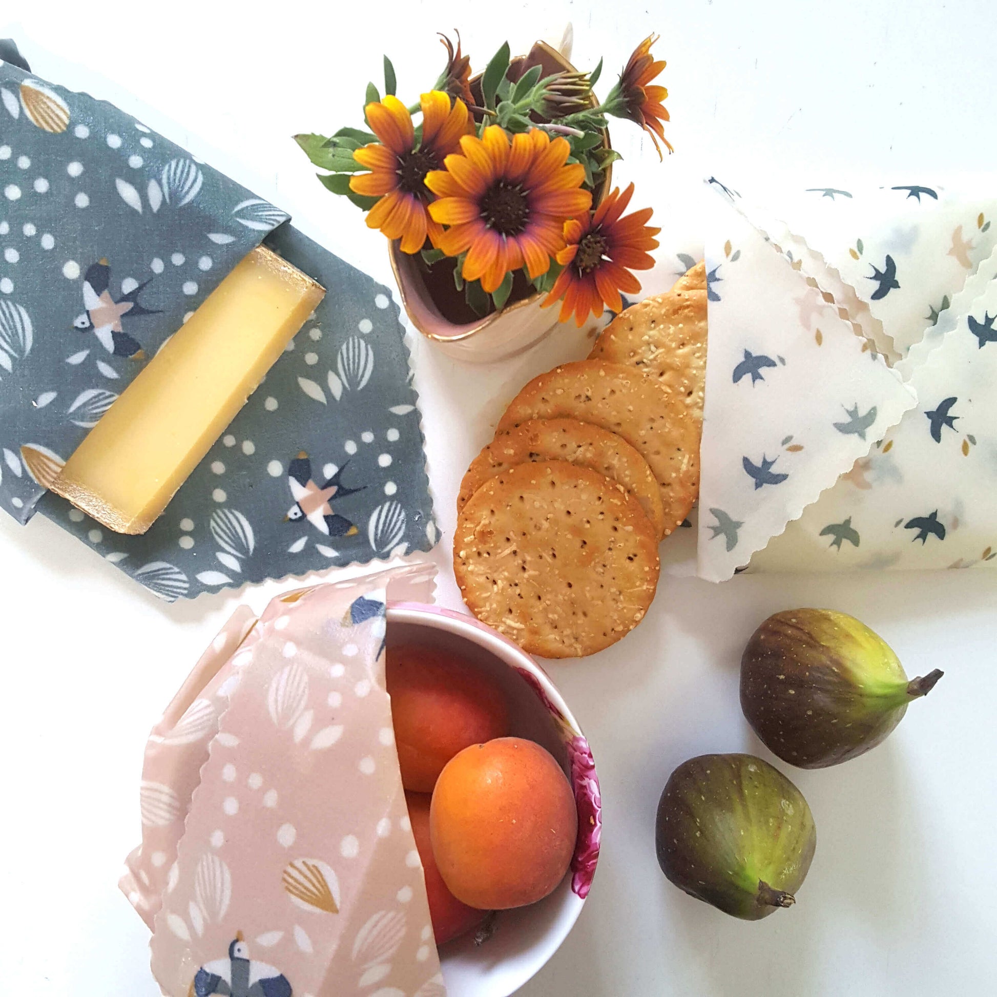 Reusable Beeswax Food Wraps 100% Hand Made in the UK by Honey Bee Good shown in Set of 3 Heritage Swifts pattern flatlay